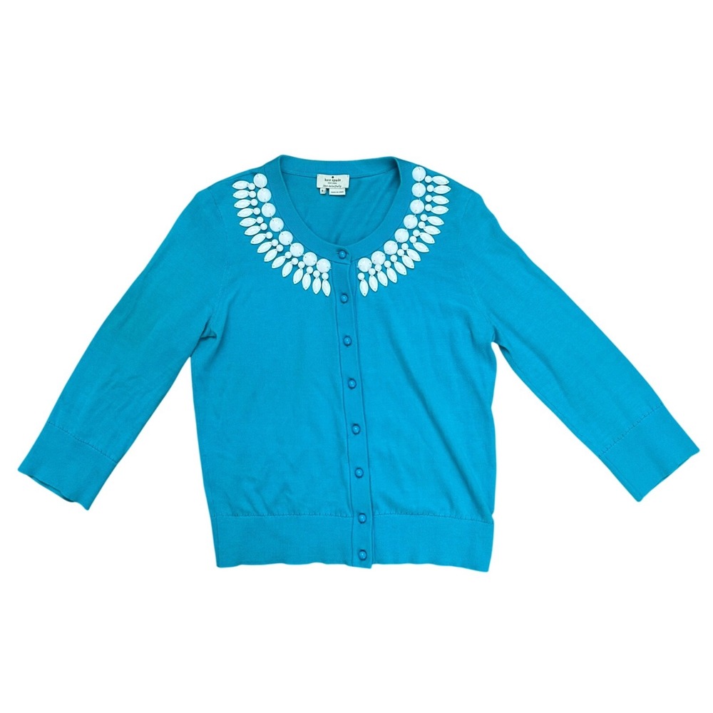 Kate Spade Turquoise Blue Beaded Collar Cotton Cardigan Sweater S 3/4‎ Sleeve